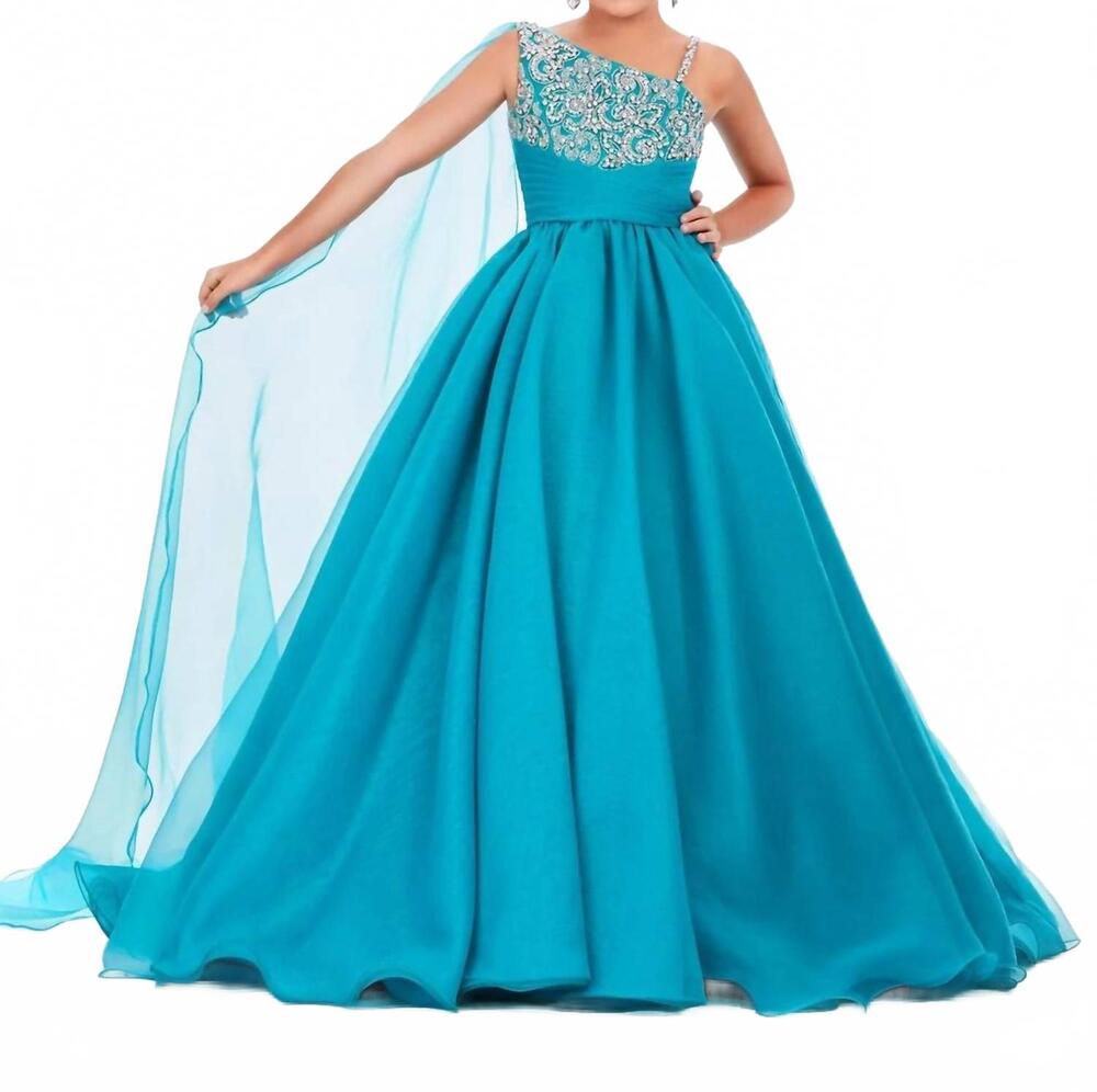 NEW ASHLEYLAUREN one shoulder cape gown in jade